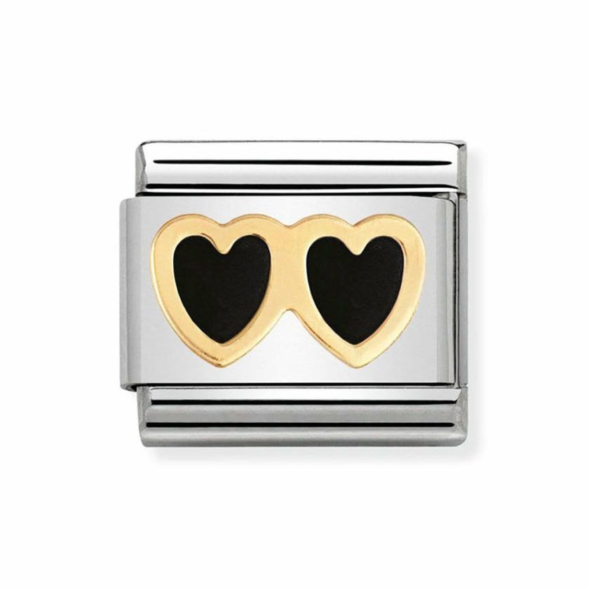 Beads & Charms | Womens CLASSIC Gold Black Double Heart Charm 18ct Yellow Gold Beads & Charms