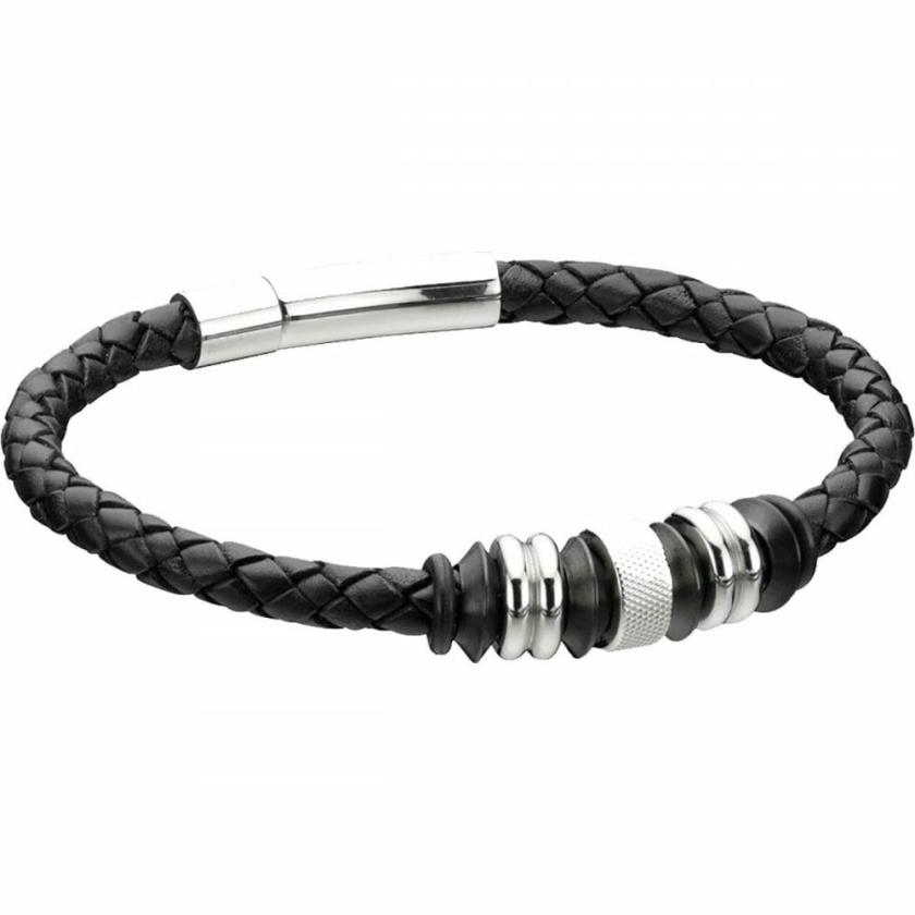 Bracelets | Mens Black Leather Two Tone Discs Bracelet Bracelets Bracelets