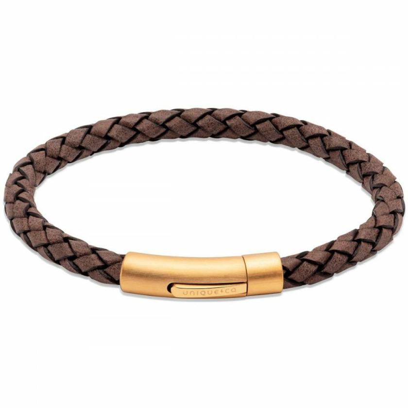 Bracelets | Mens Yellow Gold IP Plated Clasped Brown Leather Bracelet Bracelets Bracelets