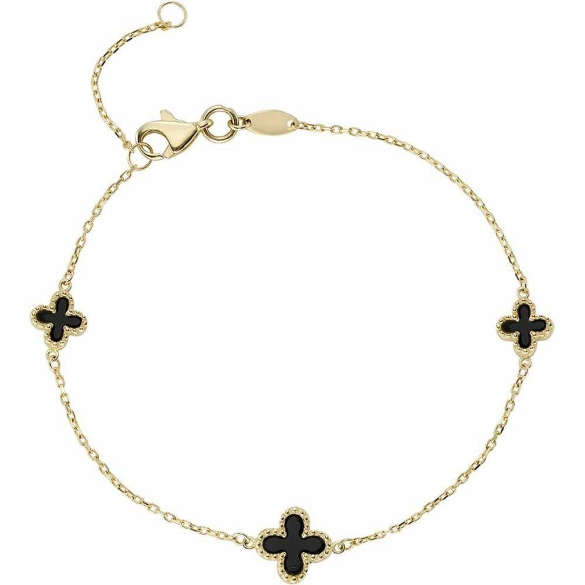 Bracelets | Womens 9ct Yellow Gold Black Onyx 3 Flower Bracelet 9ct Yellow Gold Bracelets