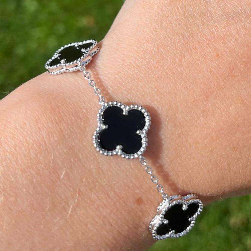 Bracelets | Womens Sterling Silver & Black Onyx 5 Flower Bracelet Bracelets Bracelets