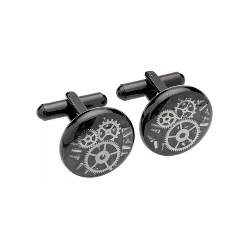 Cufflinks | Mens Black IP Plated Carbon Fibre Cog & Wheel Cufflinks Cufflinks Cufflinks