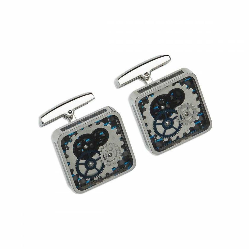 Cufflinks | Mens Blue IP Plated Black Carbon Fibre Square Gear Cufflinks Cufflinks Cufflinks