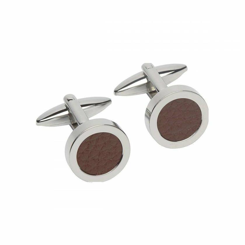 Cufflinks | Mens Stainless Steel Circle Brown Leather Inlay Cufflinks Cufflinks Cufflinks