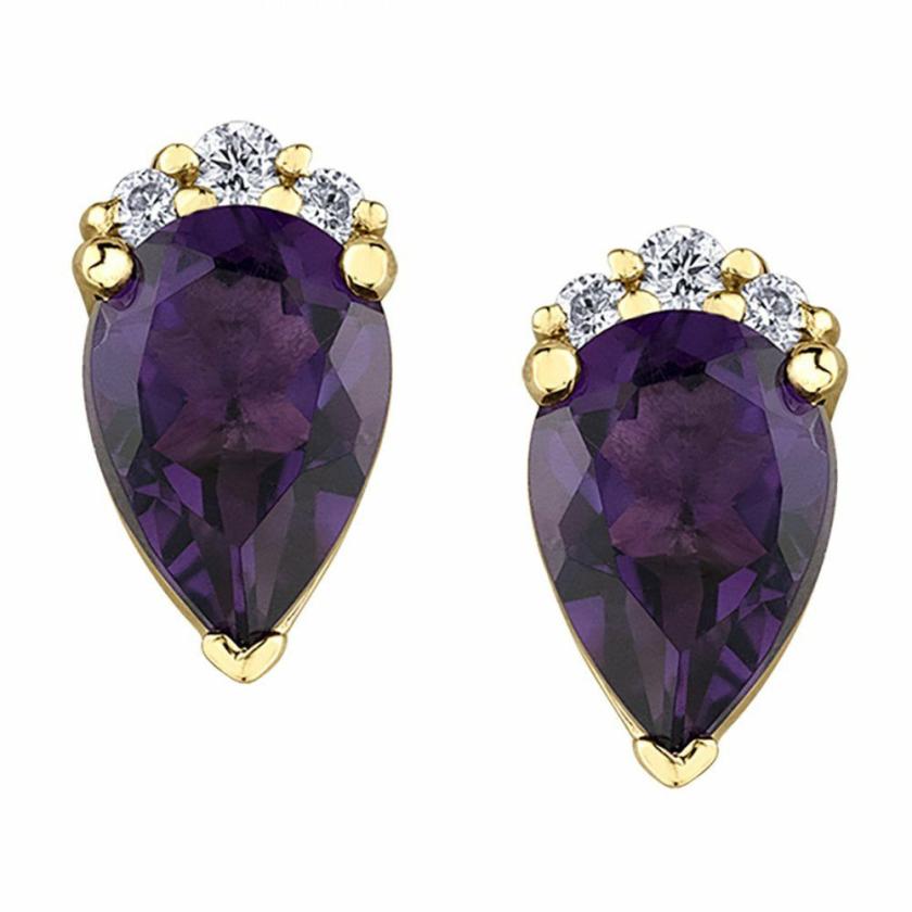 Earrings | Womens 9ct Gold Amethyst & Diamond Pear Studs 9ct Yellow Gold Earrings