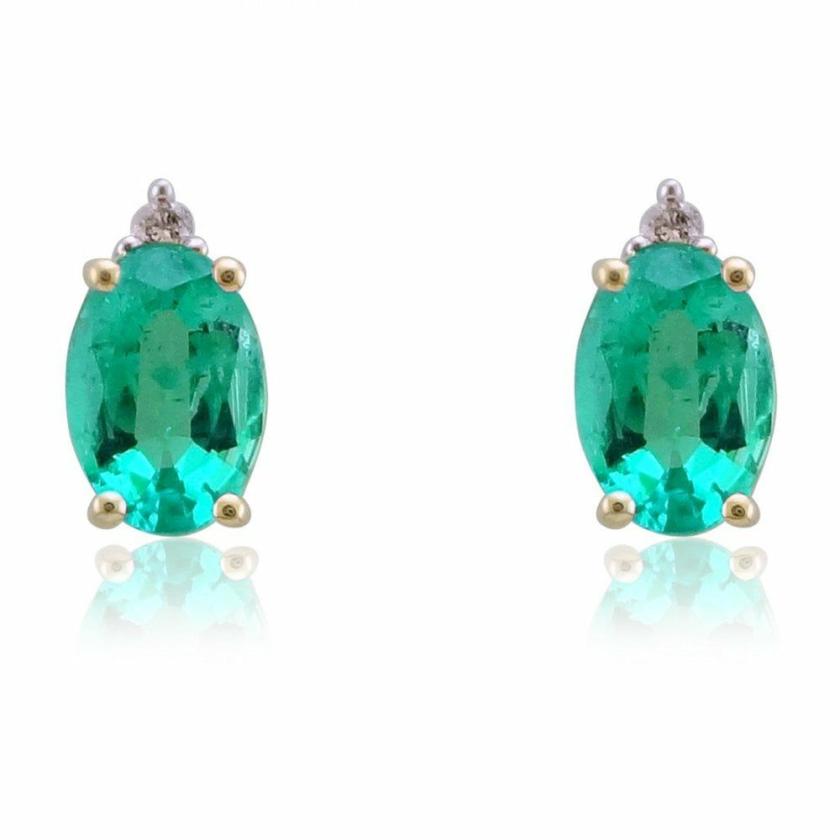 Earrings | Womens 9ct Gold Diamond and Oval Emerald Stud Earrings 9ct White Gold Earrings