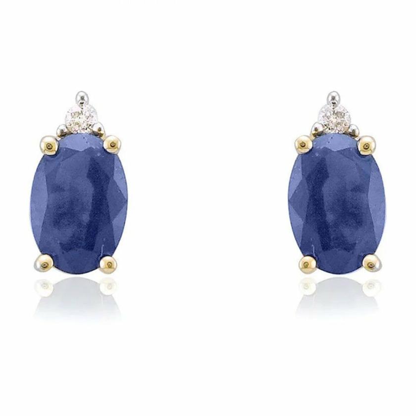 Earrings | Womens 9ct Gold Diamond & Oval Sapphire Earring Studs 9ct White Gold Earrings