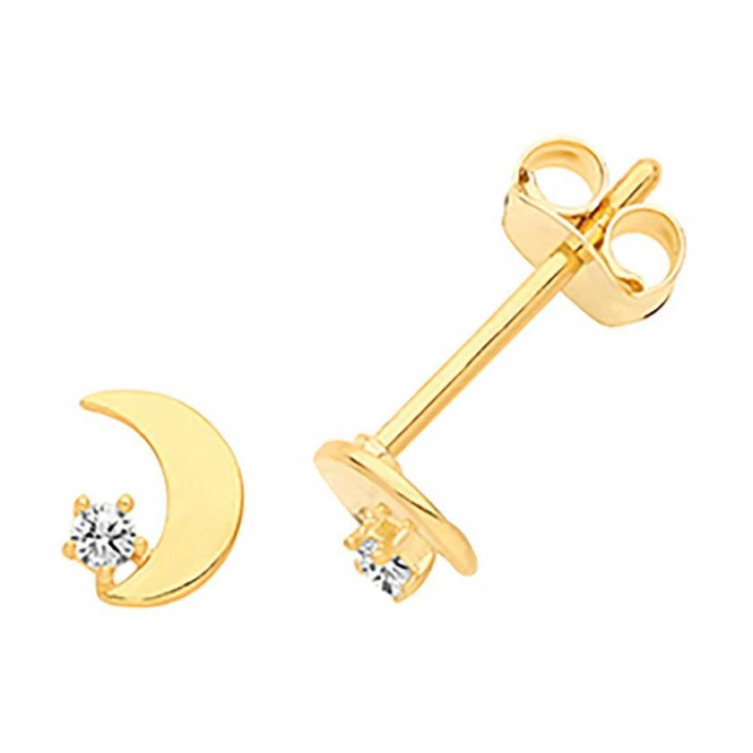 Earrings | Womens 9ct Gold Stone Set Moon Studs 9ct Yellow Gold Earrings