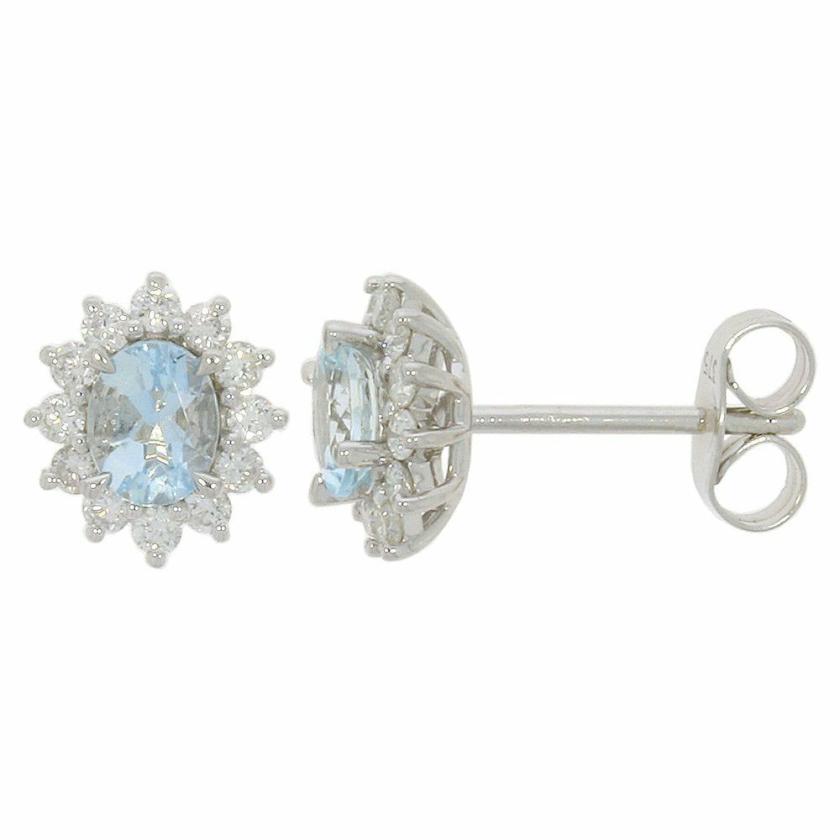 Earrings | Womens 9ct White Gold Aquamarine & Diamond Cluster Earring Studs 9ct White Gold Earrings