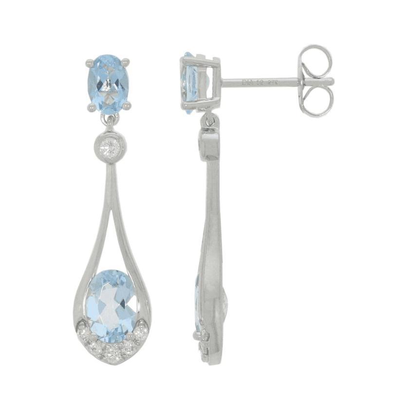 Earrings | Womens 9ct White Gold Diamond & Aquamarine Drop Earrings 9ct White Gold Earrings