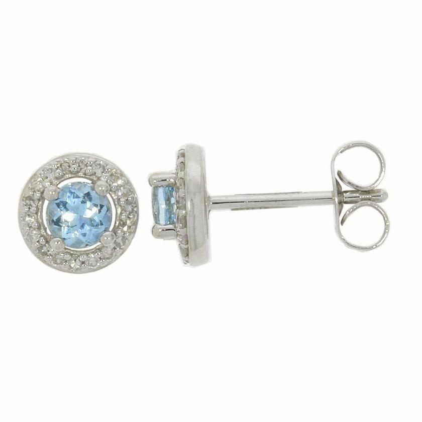 Earrings | Womens 9ct White Gold Diamond & Aquamarine Halo Studs 9ct White Gold Earrings