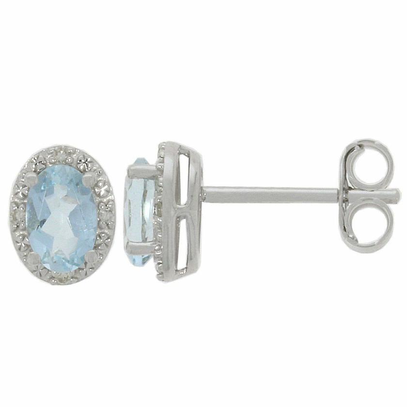 Earrings | Womens 9ct White Gold Diamond & Aquamarine Oval Studs 9ct White Gold Earrings