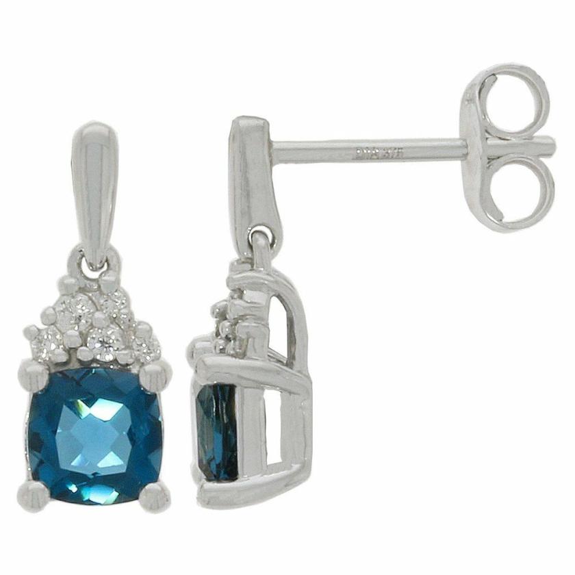 Earrings | Womens 9ct White Gold Diamond & Blue Topaz Drop Earrings 9ct White Gold Earrings