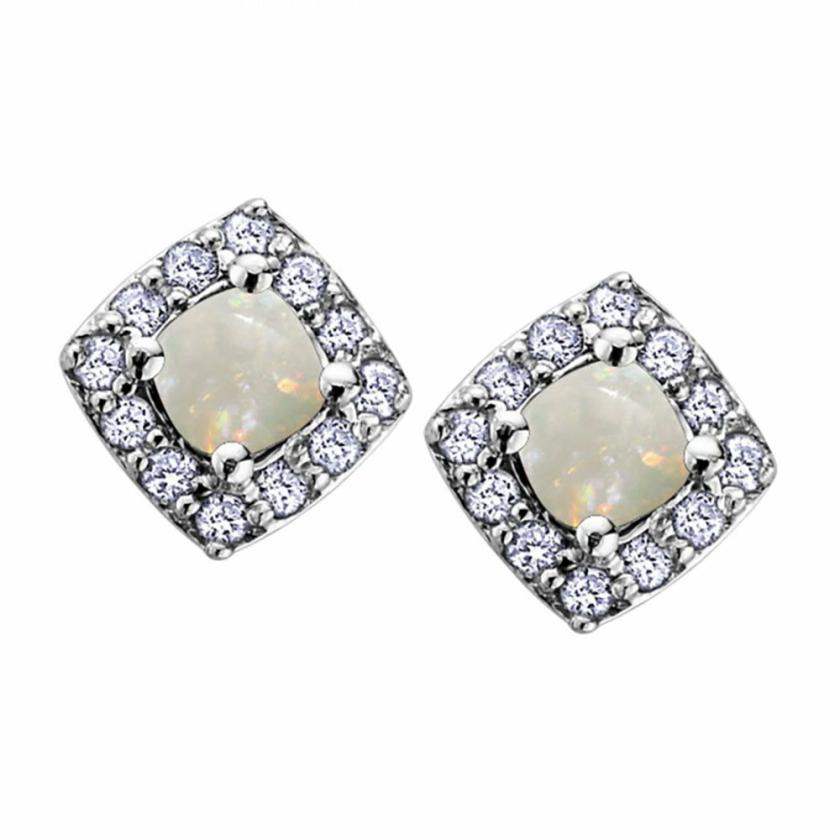 Earrings | Womens 9ct White Gold Diamond & Opal Square Earring Studs 9ct White Gold Earrings