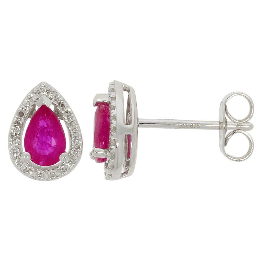 Earrings | Womens 9ct White Gold Diamond & Ruby Pear Ear Studs 9ct White Gold Earrings