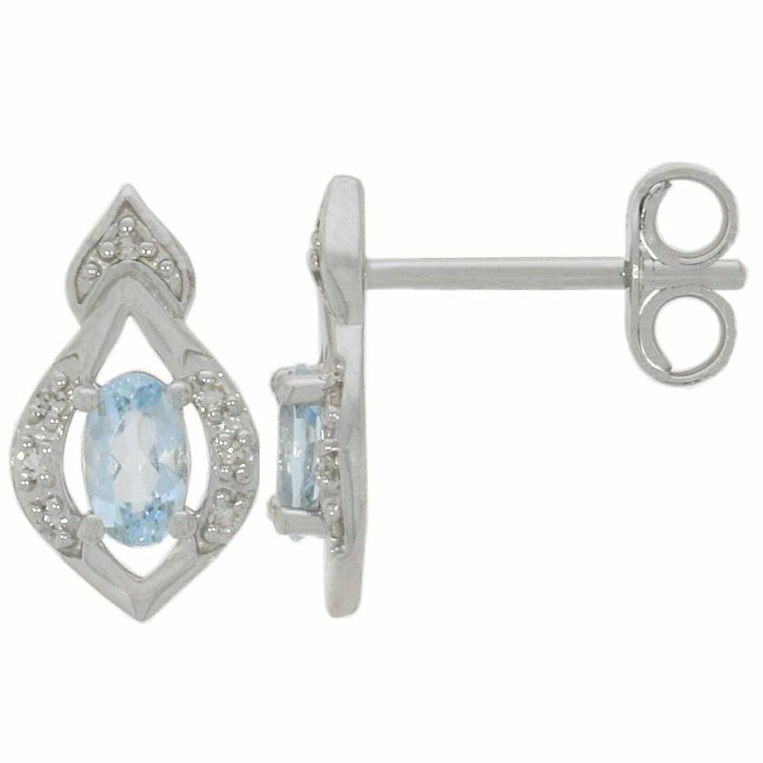 Earrings | Womens 9ct White Gold Oval Diamond & Aquamarine Ear Studs 9ct White Gold Earrings