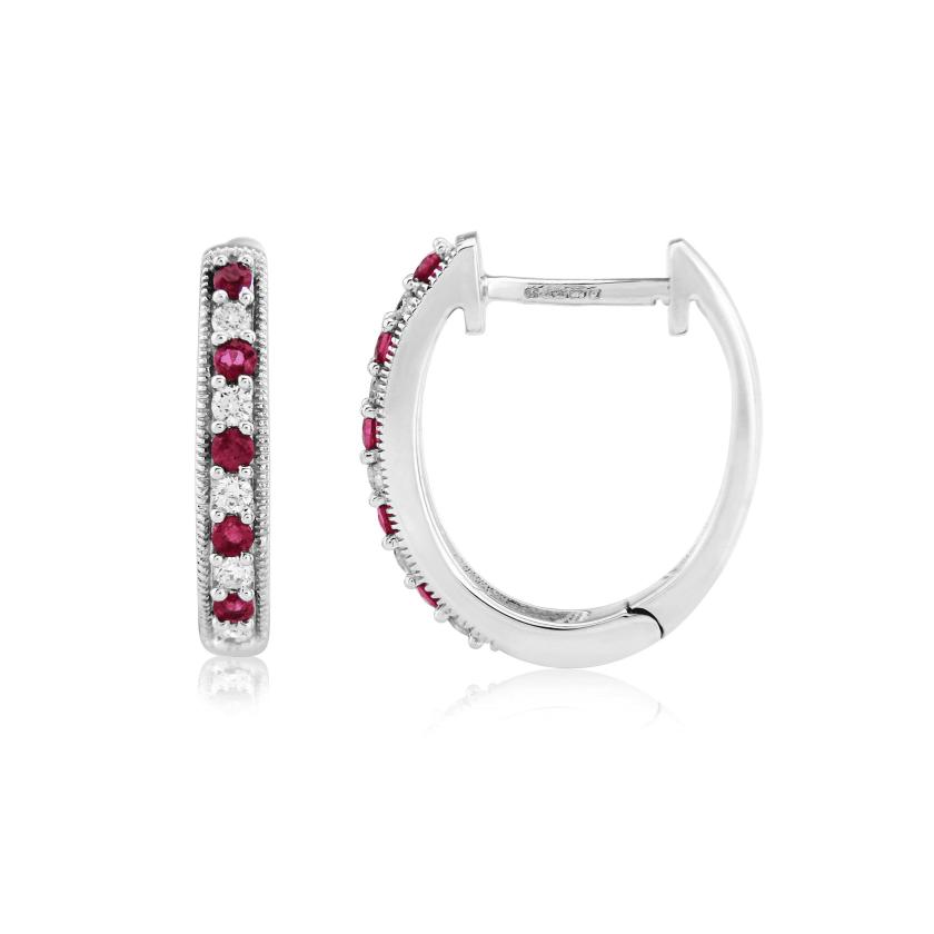 Earrings | Womens 9ct White Gold Ruby & Diamond Hoop Earrings 9ct White Gold Earrings