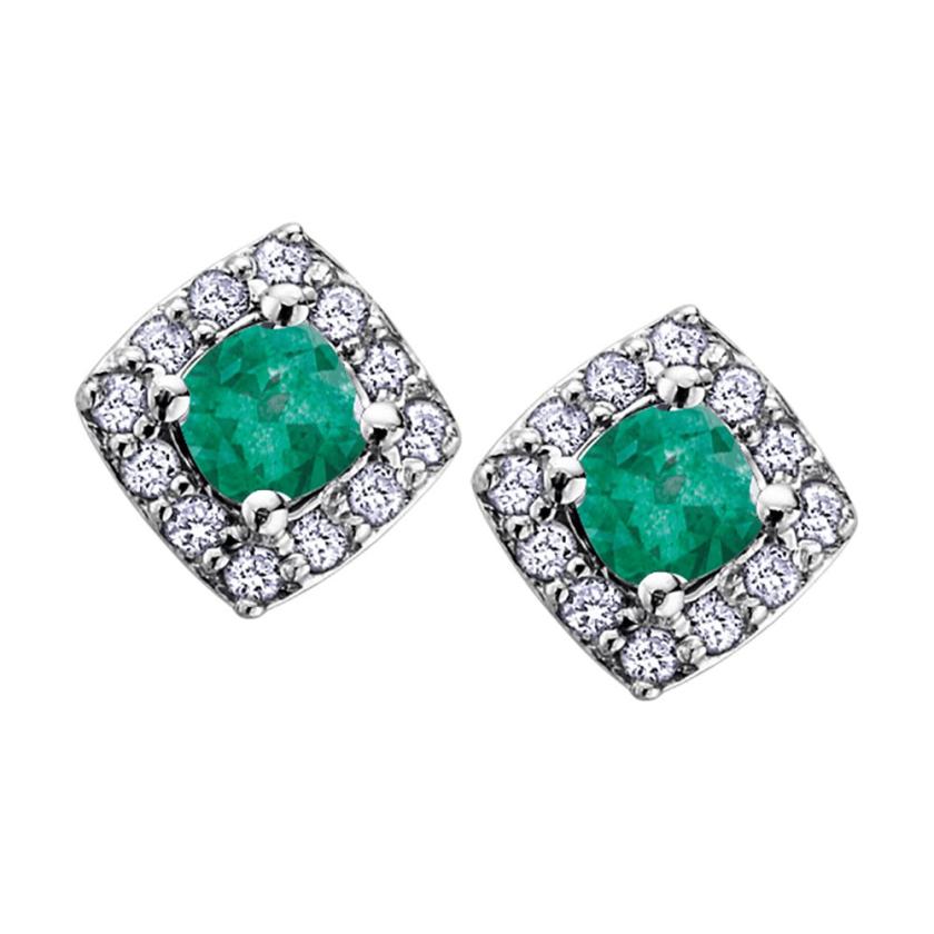 Earrings | Womens 9ct White Gold Square Diamond & Emerald Ear Studs 9ct White Gold Earrings