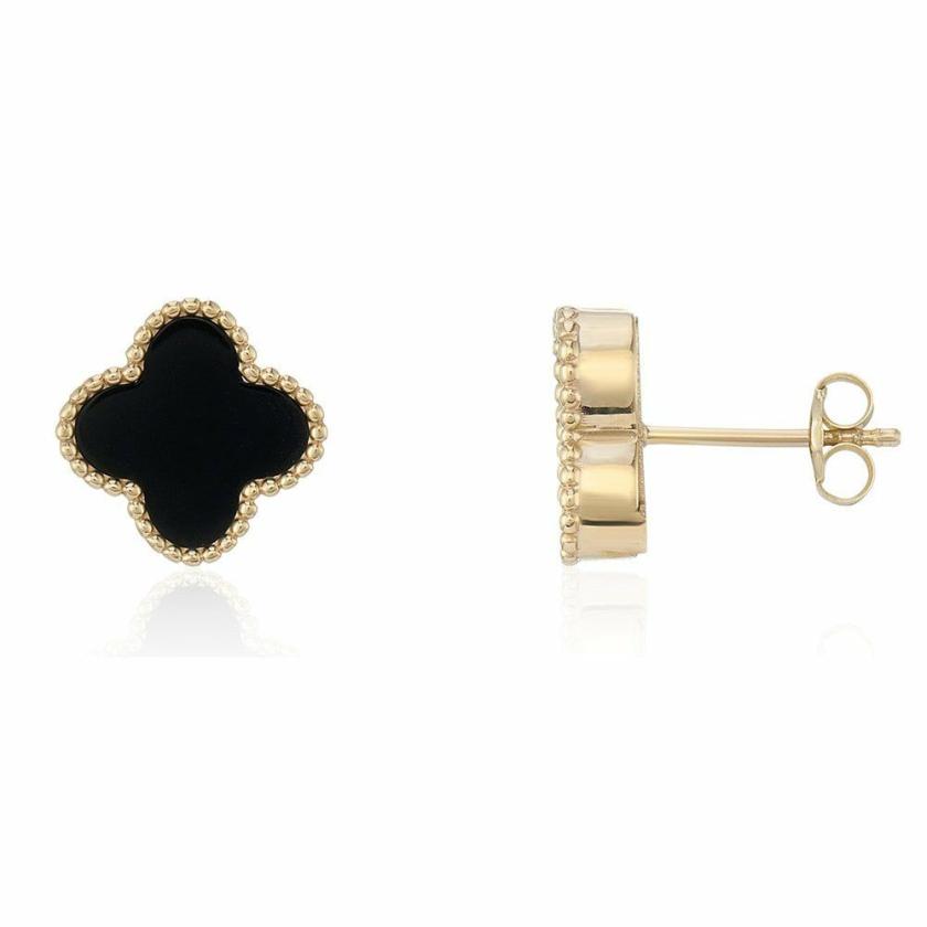 Earrings | Womens 9ct Yellow Gold Black Onyx Flower Earring Studs 9ct Yellow Gold Earrings