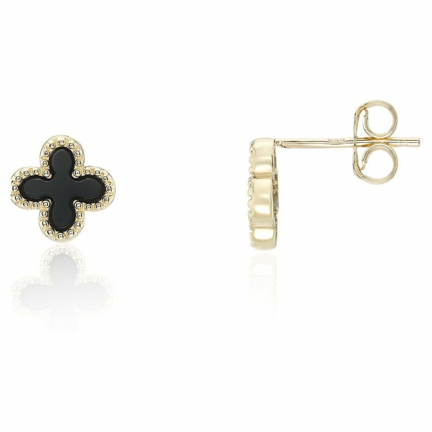 Earrings | Womens 9ct Yellow Gold Black Onyx Flower Earrings 9ct Yellow Gold Earrings