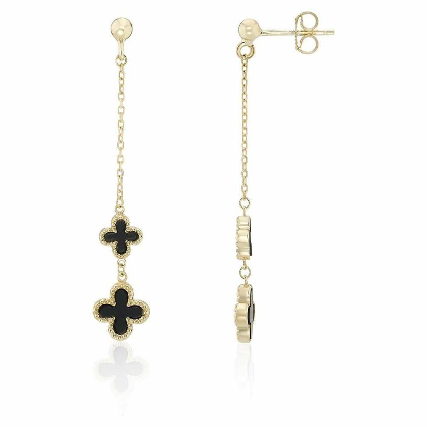 Earrings | Womens 9ct Yellow Gold Black Onyx Long Flower Earring Drops 9ct Yellow Gold Earrings