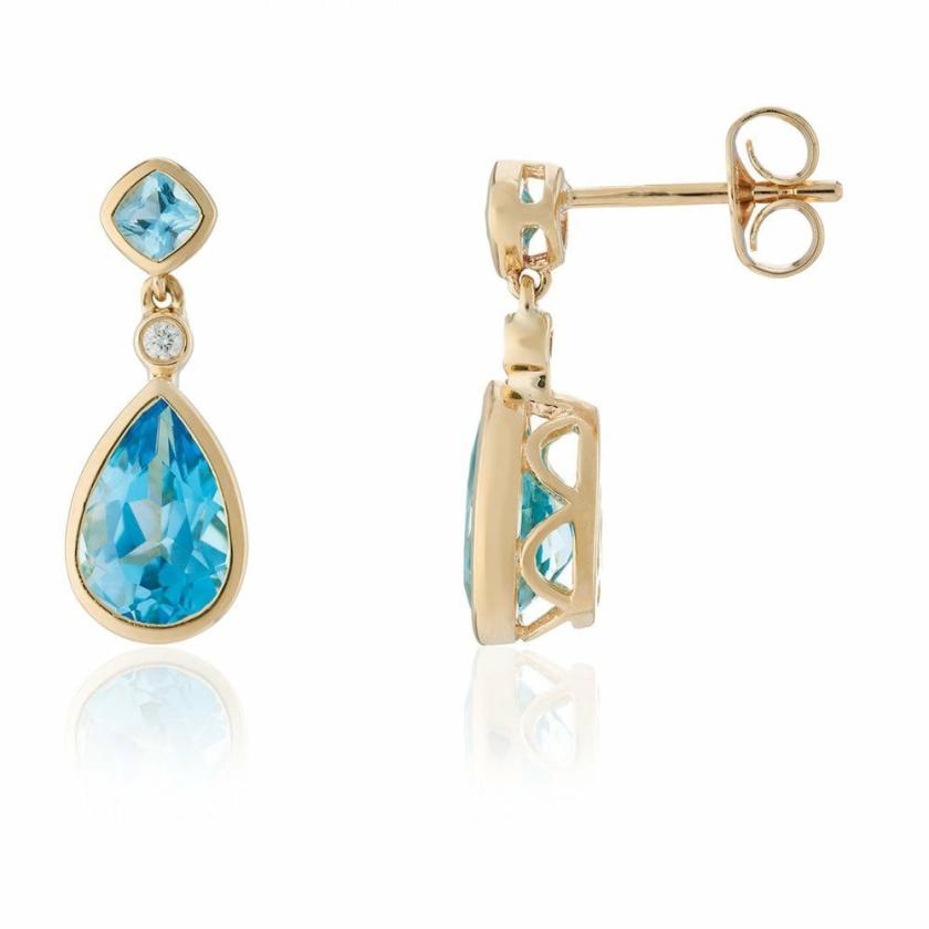 Earrings | Womens 9ct Yellow Gold Blue Topaz & Diamond Drop Earrings 9ct Yellow Gold Earrings