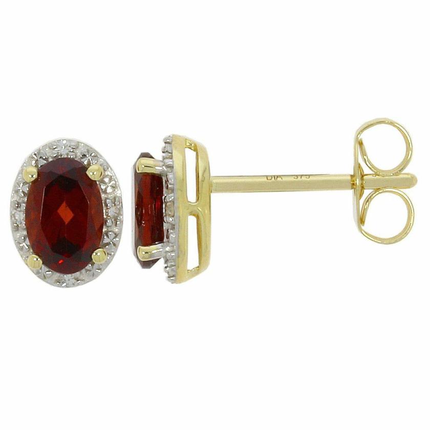 Earrings | Womens 9ct Yellow Gold Diamond & Oval Garnet Earring Studs 9ct Yellow Gold Earrings