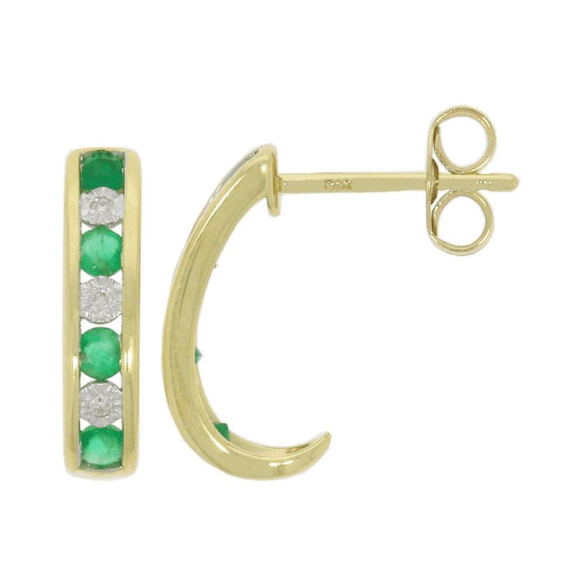 Earrings | Womens 9ct Yellow Gold Emerald & Diamond Half Ear Hoops 9ct Yellow Gold Earrings