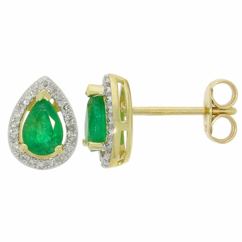 Earrings | Womens 9ct Yellow Gold Emerald & Diamond Teardrop Studs 9ct Yellow Gold Earrings