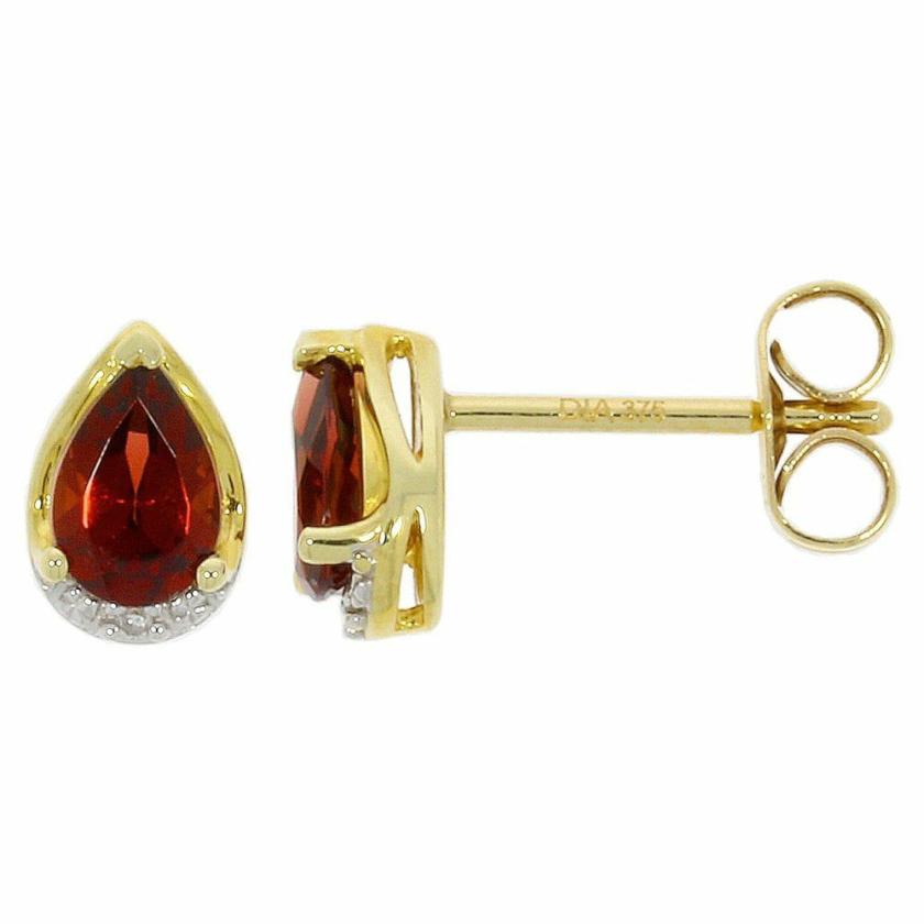 Earrings | Womens 9ct Yellow Gold Garnet & Diamond Pear Earring Studs 9ct Yellow Gold Earrings