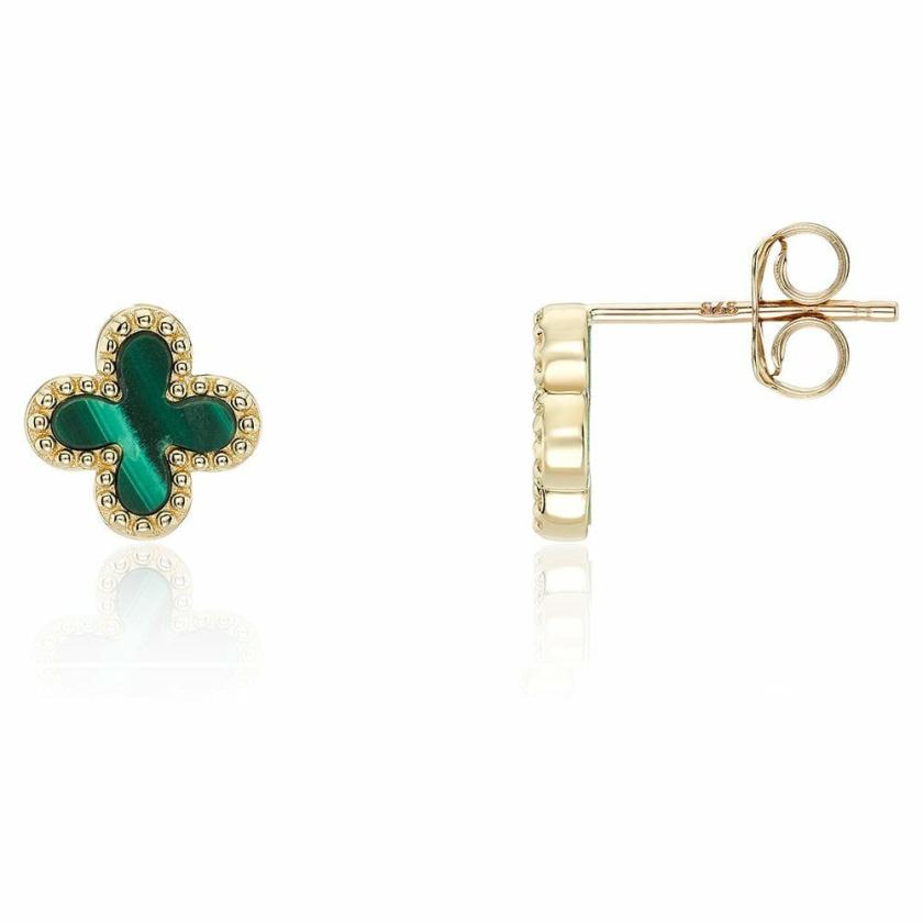 Earrings | Womens 9ct Yellow Gold Green Malachite Flower Earrings 9ct Yellow Gold Earrings