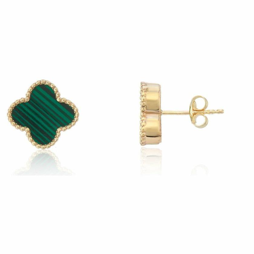 Earrings | Womens 9ct Yellow Gold Malachite Flower Earrings 9ct Yellow Gold Earrings