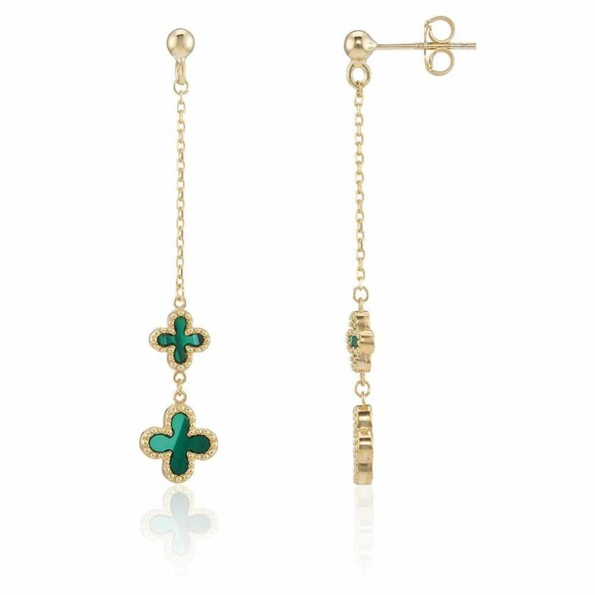 Earrings | Womens 9ct Yellow Gold Malachite Long Flower Drop Earrings 9ct Yellow Gold Earrings