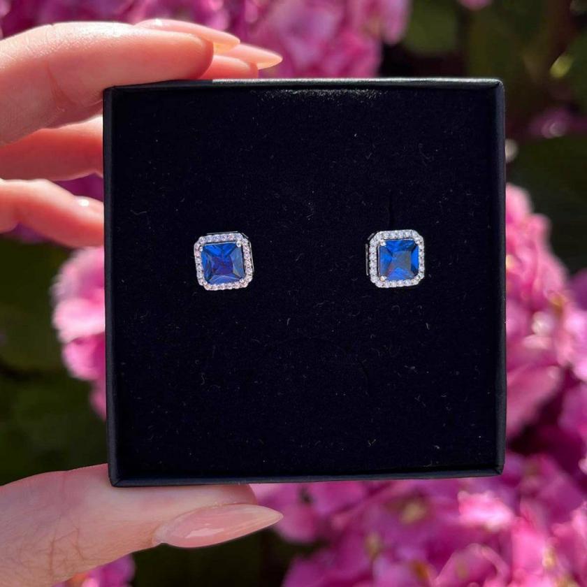 Earrings | Womens Silver & Blue Stone Square Halo Earring Studs Earrings Earrings