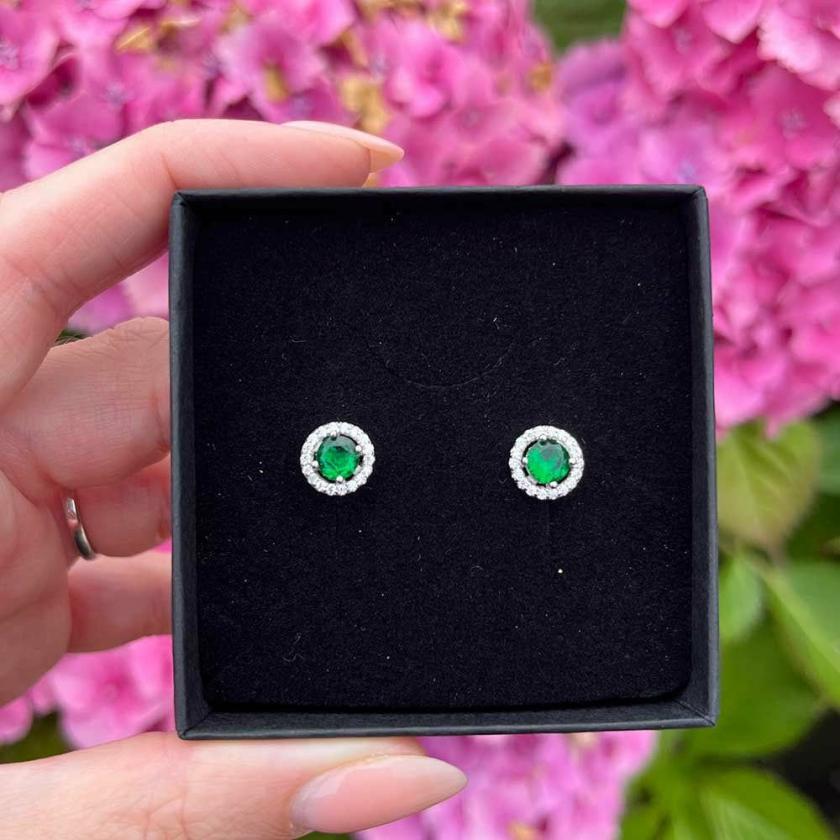 Earrings | Womens Silver & Green Stone Set Halo Studs Earrings Earrings