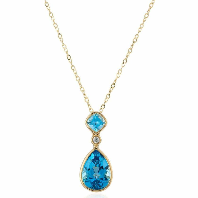 Necklaces & Pendants | Womens 9ct Yellow Gold Blue Topaz & Diamond Drop Necklace 9ct Yellow Gold Necklaces & Pendants