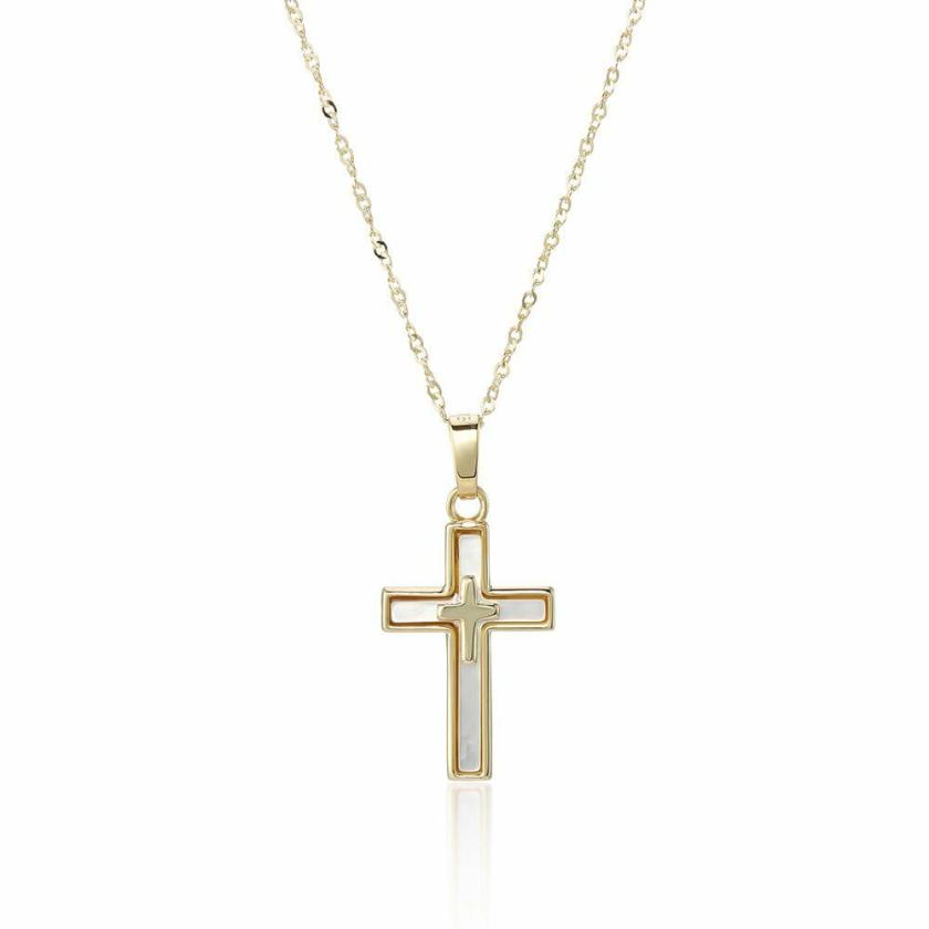 Necklaces & Pendants | Womens 9ct Yellow Gold Mother of Pearl Double Cross Necklace 9ct Yellow Gold Necklaces & Pendants