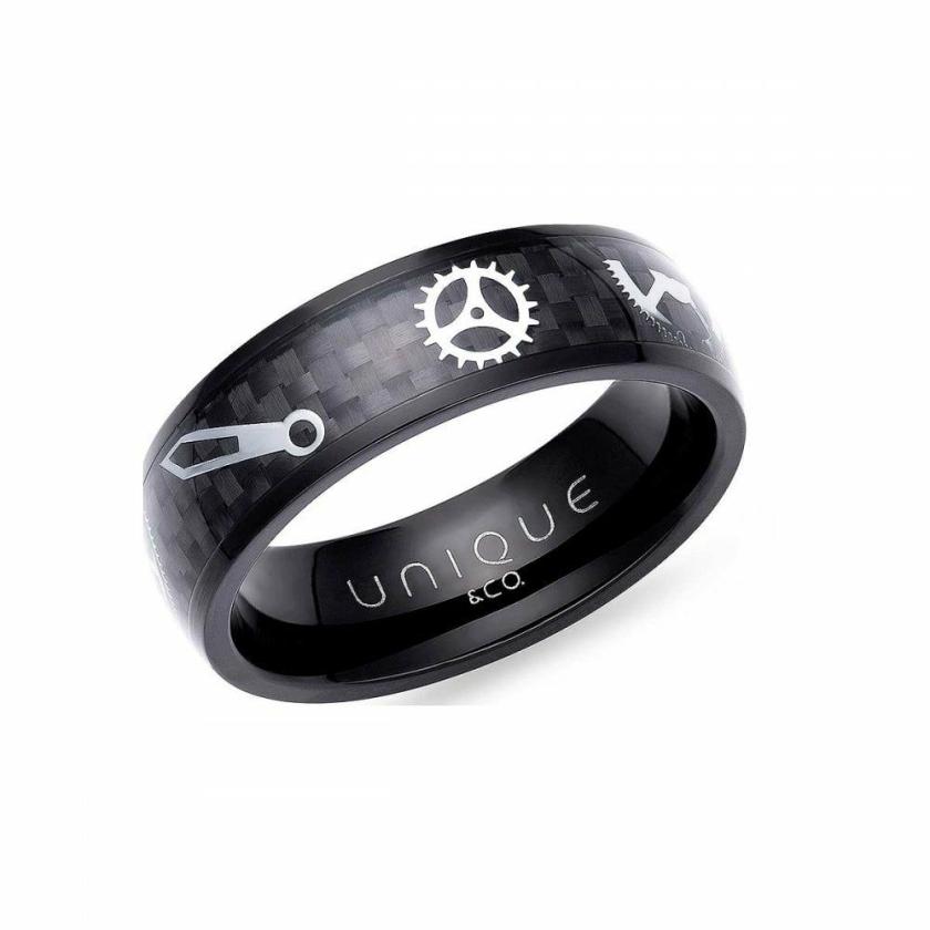 Rings | Mens Black IP Plated Carbon Fibre Gear & Wheel Inlay Ring Jewellery Type Mens