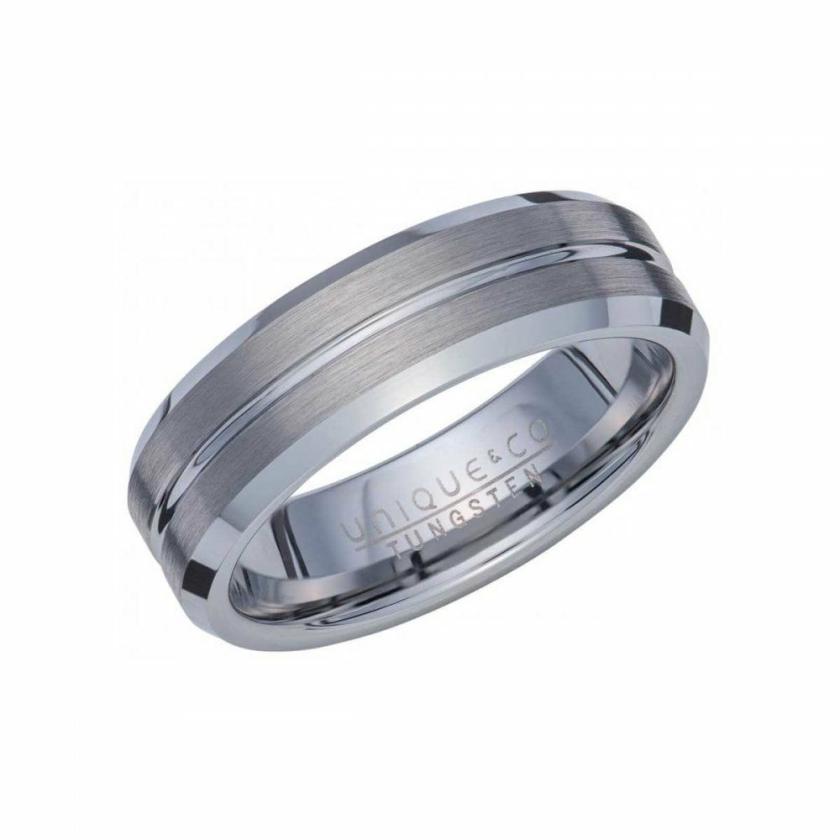 Rings | Mens Tungsten Bevelled Edge Centre Groove 7mm Ring Jewellery Type Mens