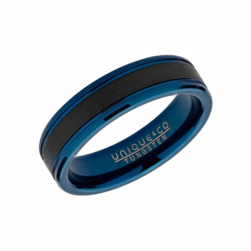 Rings | Mens Tungsten Black Inlay Blue IP Plated Court 7mm Ring Jewellery Type Mens