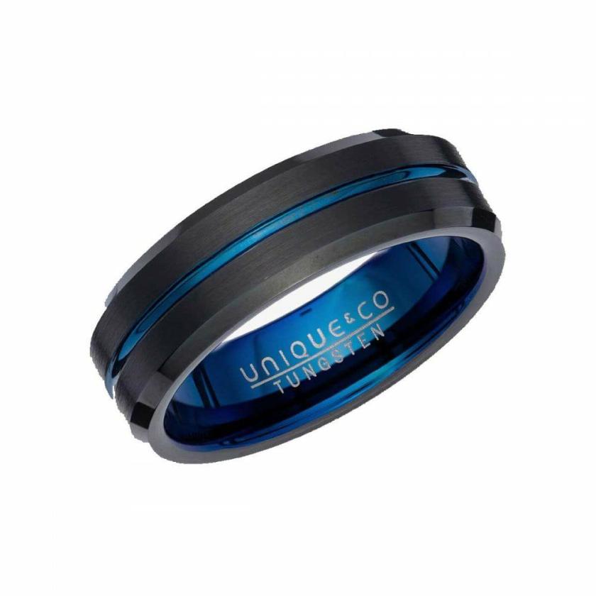 Rings | Mens Tungsten Black IP Plated Blue Lined Ring Jewellery Type Mens