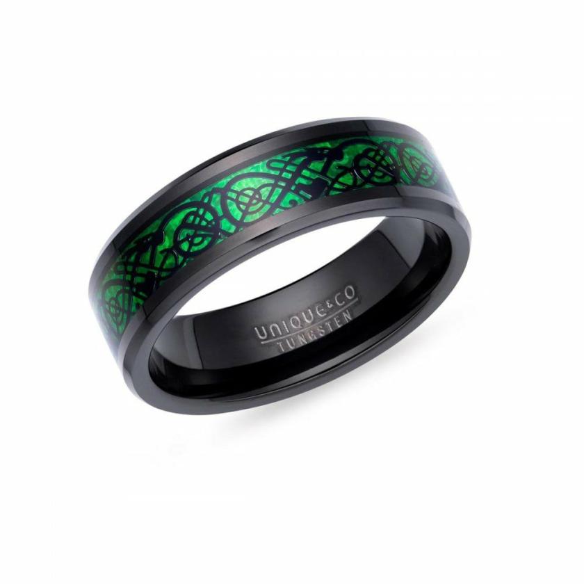 Rings | Mens Tungsten Black IP Plated Green Inlay Band Ring Jewellery Type Mens