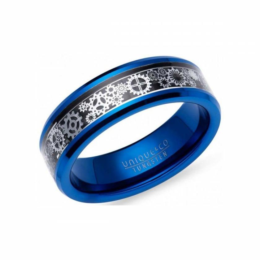 Rings | Mens Tungsten Blue IP Plated Cogs & Wheel Design Ring Jewellery Type Mens