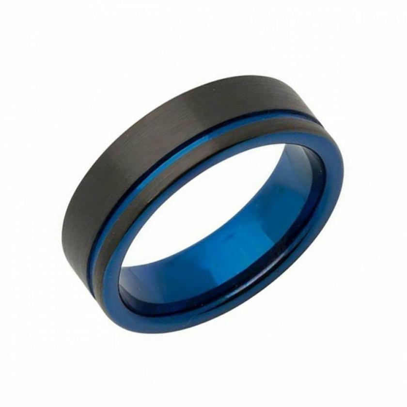 Rings | Mens Tungsten Blue Lined Black IP Plated 7mm Band Ring Jewellery Type Mens