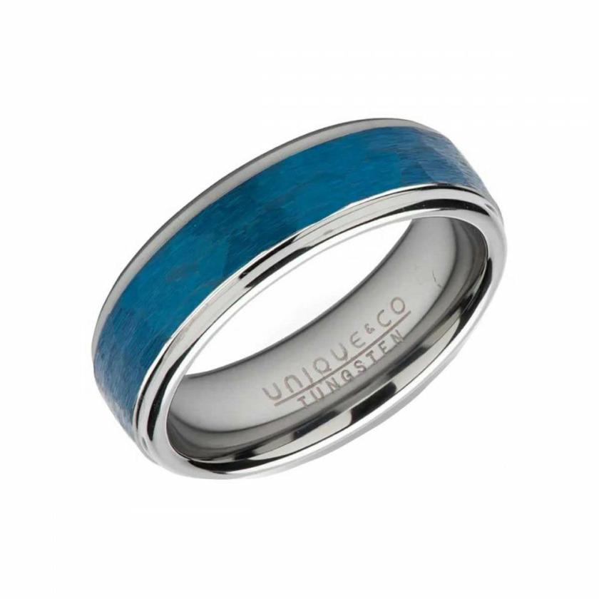 Rings | Mens Tungsten Carbide Blue Plated Centre Hammered Ring Jewellery Type Mens