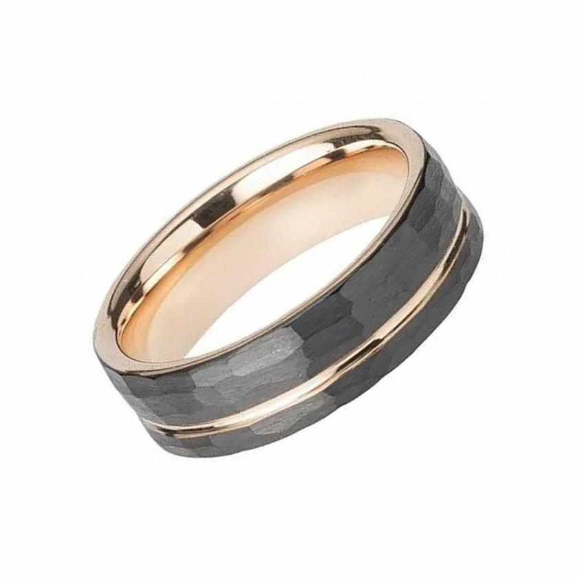 Rings | Mens Tungsten Rose Gold Inlay Hammered Black Flat Court Ring Jewellery Type Mens