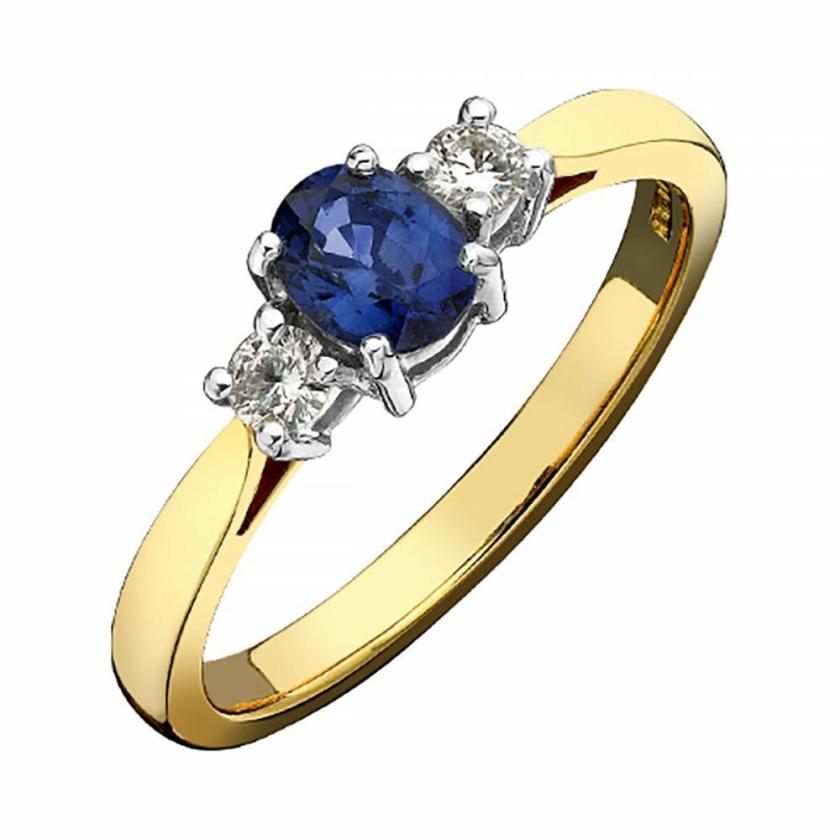 Rings | Womens 18ct Gold 0.43ct Sapphire & 0.14ct Diamond Three Stone Ring 18ct Yellow Gold Rings