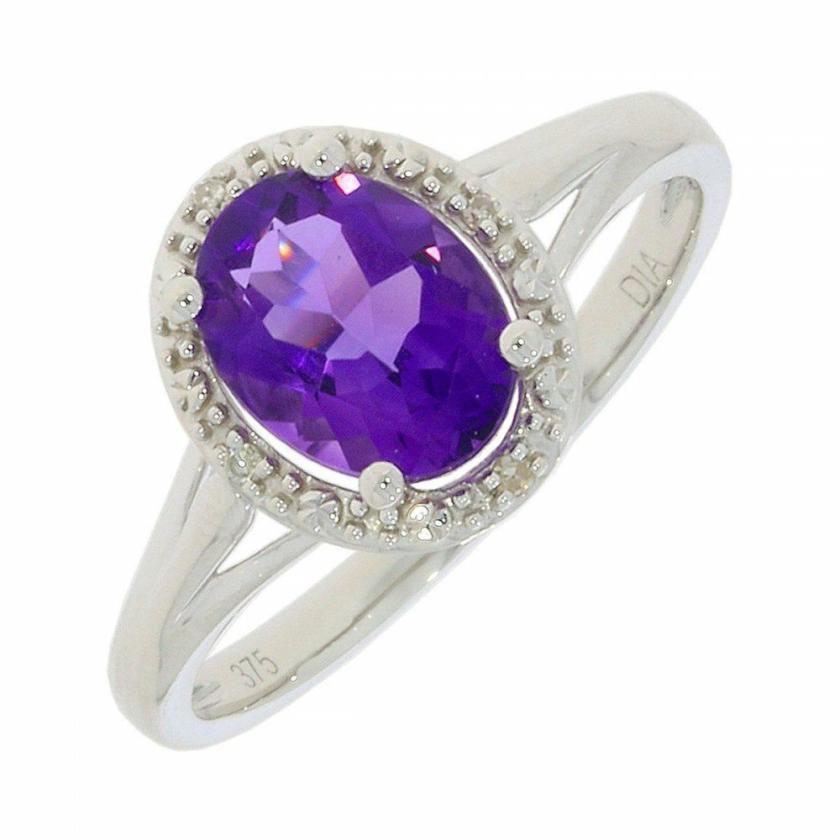 Rings | Womens 9ct Gold Amethyst and Diamond Oval Cluster 9ct White Gold Rings