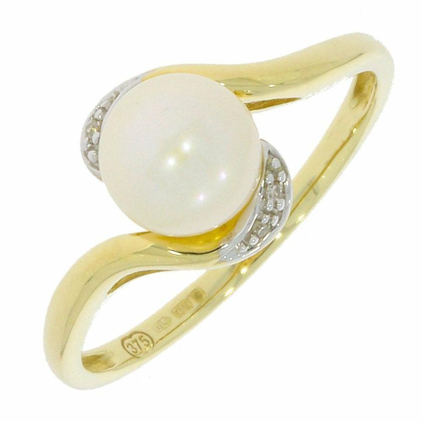 Rings | Womens 9ct Gold Pearl & Diamond Twist Ring 9ct Yellow Gold Rings